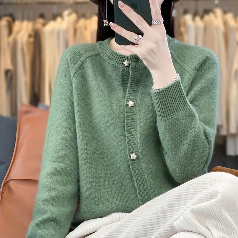 Crewneck Button-Up Plain Cardigan