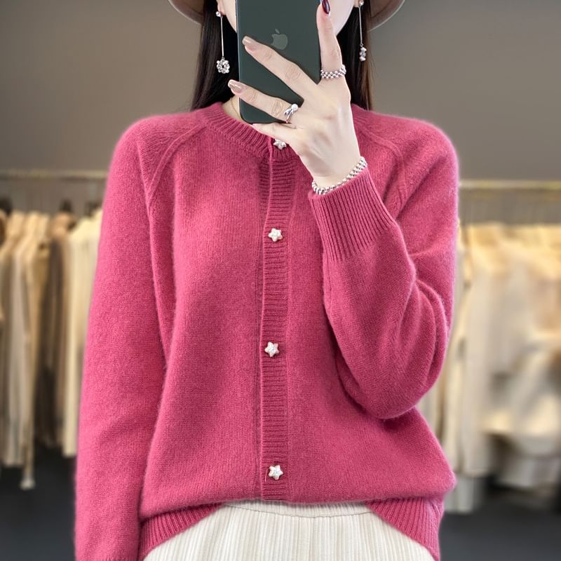 Crewneck Button-Up Plain Cardigan