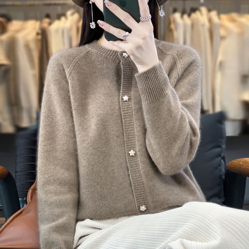 Crewneck Button-Up Plain Cardigan