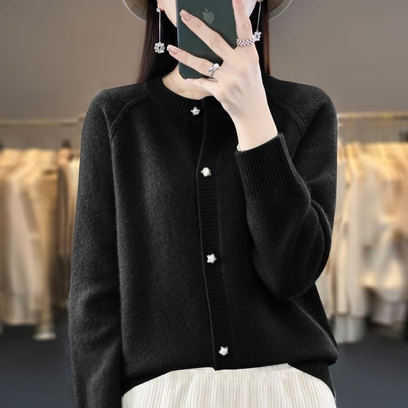 Crewneck Button-Up Plain Cardigan