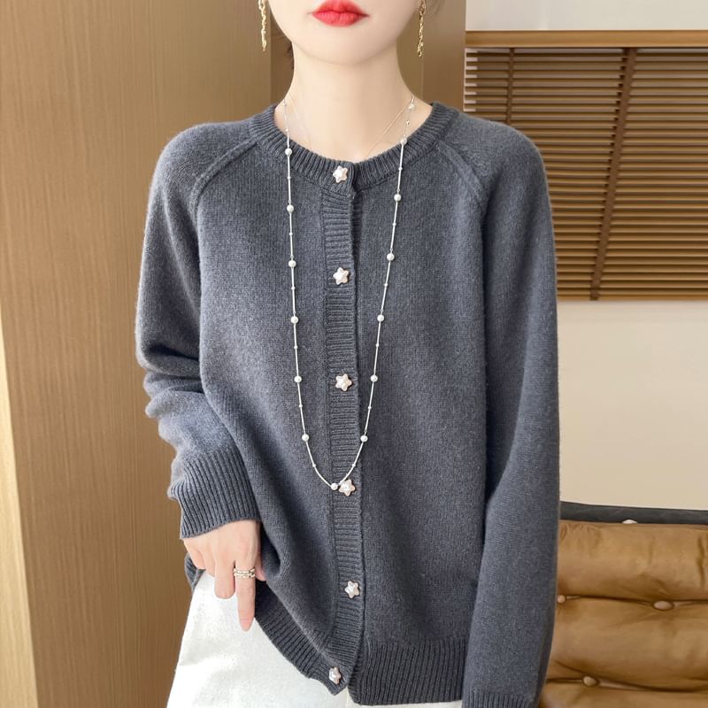 Crewneck Button-Up Plain Cardigan