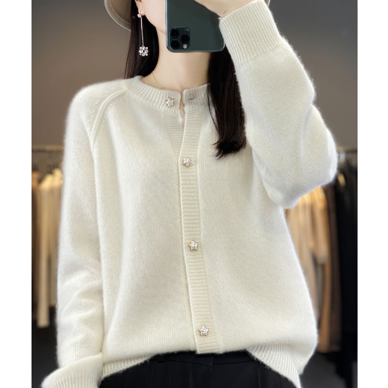 Crewneck Button-Up Plain Cardigan