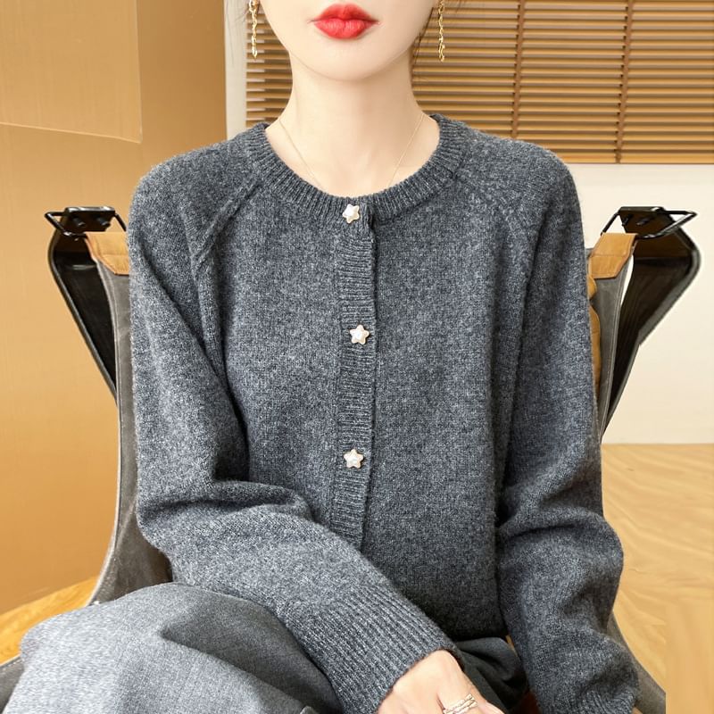 Crewneck Button-Up Plain Cardigan