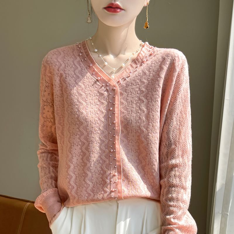 V-Neck Beaded Plain Cardigan