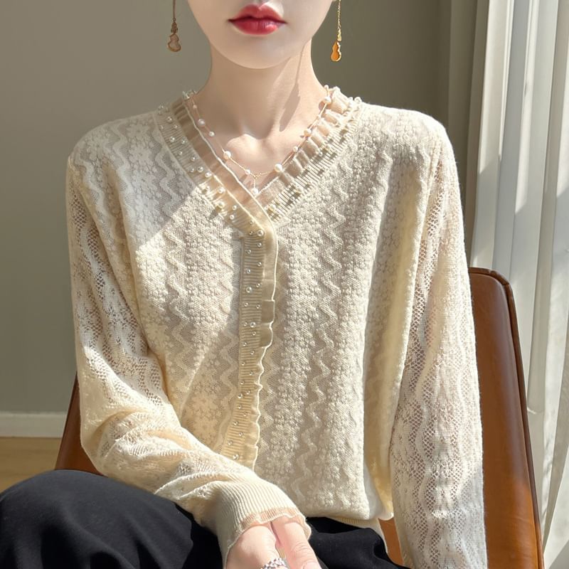 V-Neck Beaded Plain Cardigan