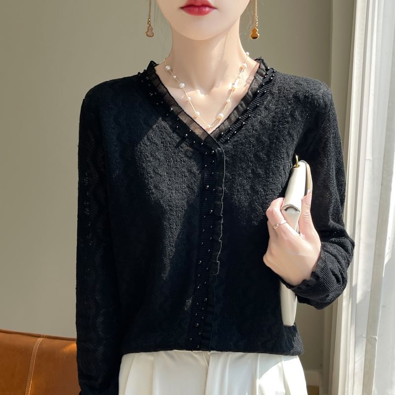 V-Neck Beaded Plain Cardigan