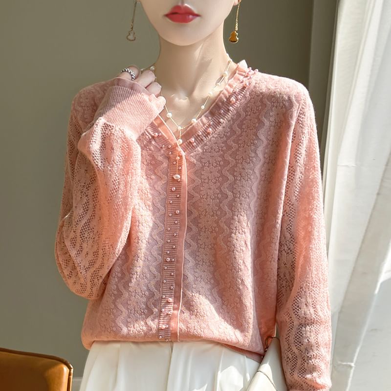 V-Neck Beaded Plain Cardigan