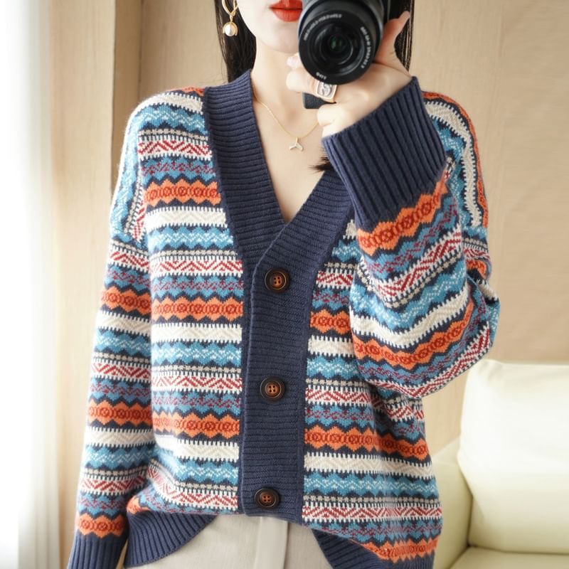 V-Neck Pattern Button-Up Cardigan