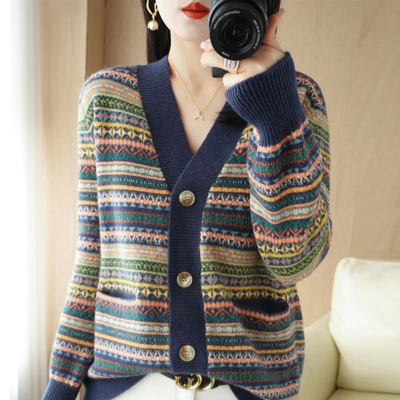 V-Neck Pattern Button-Up Cardigan