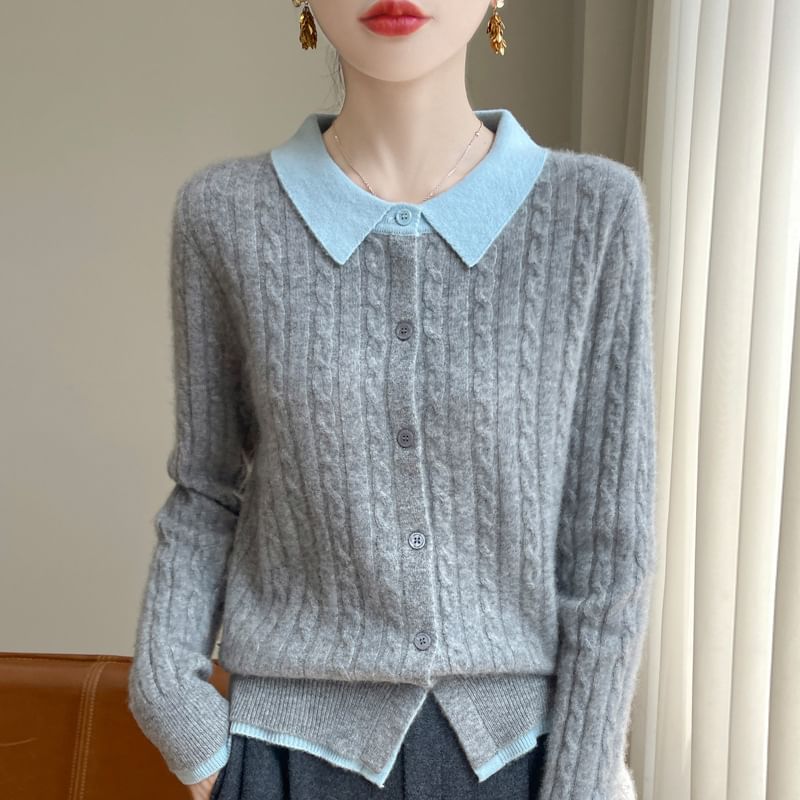 Mock Two-Piece Collared Cable Knit Cardigan