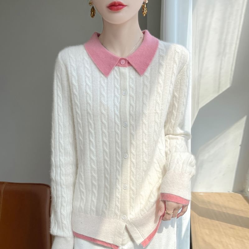 Mock Two-Piece Collared Cable Knit Cardigan