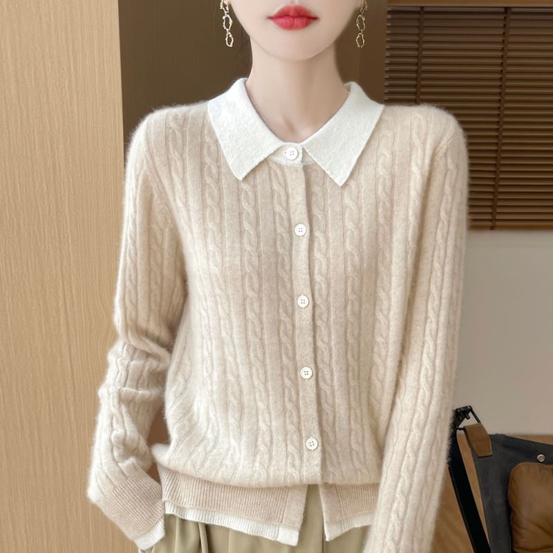 Mock Two-Piece Collared Cable Knit Cardigan