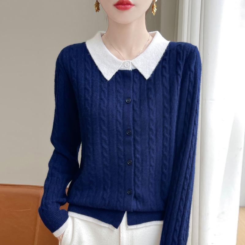 Mock Two-Piece Collared Cable Knit Cardigan