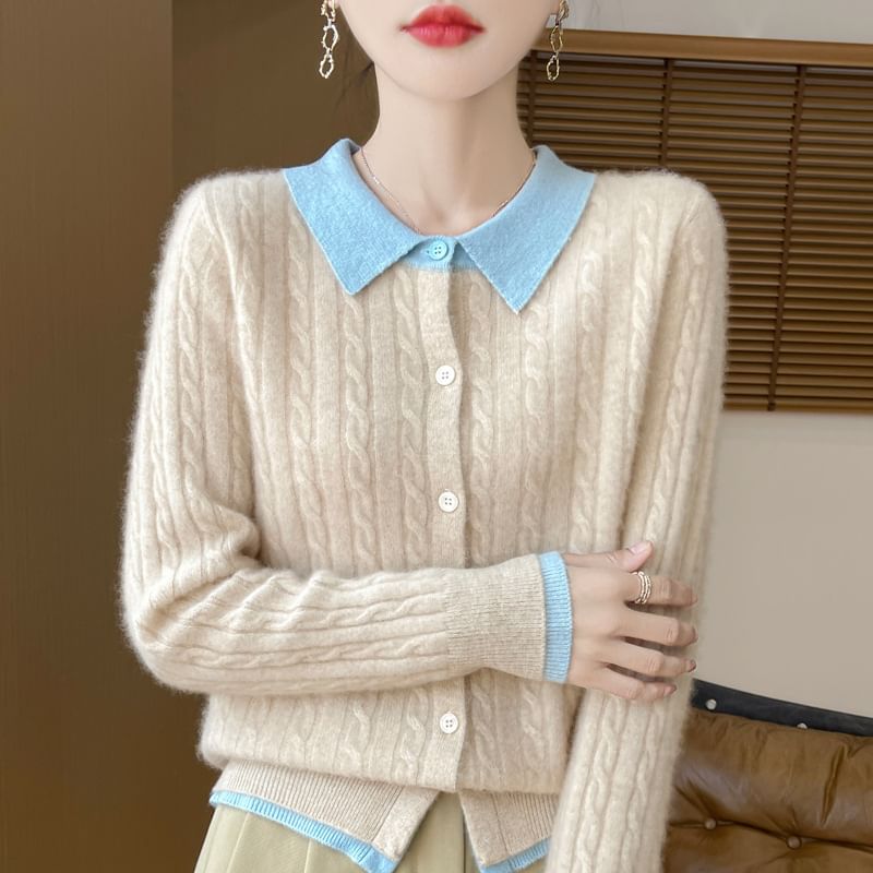Mock Two-Piece Collared Cable Knit Cardigan