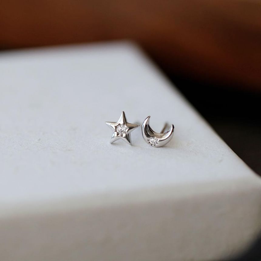 Moon Earring Asymmetrical Silver Star S999 Stud Rhinestone