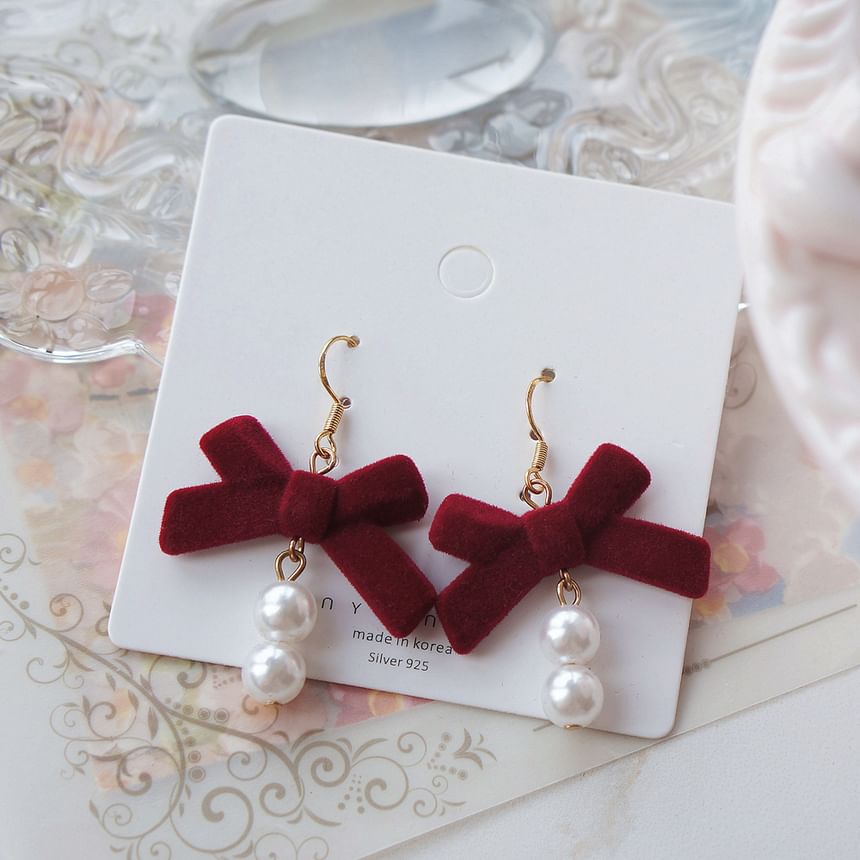 Drop Bow / Hook Faux Clip-On Pearl Earring