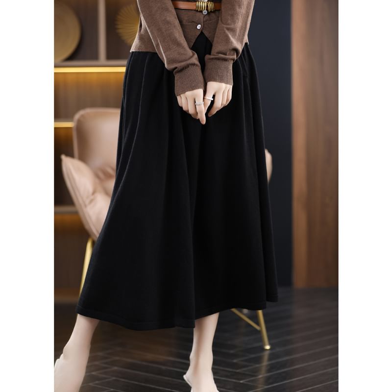 Elastic Waist Plain Midi A-Line Skirt