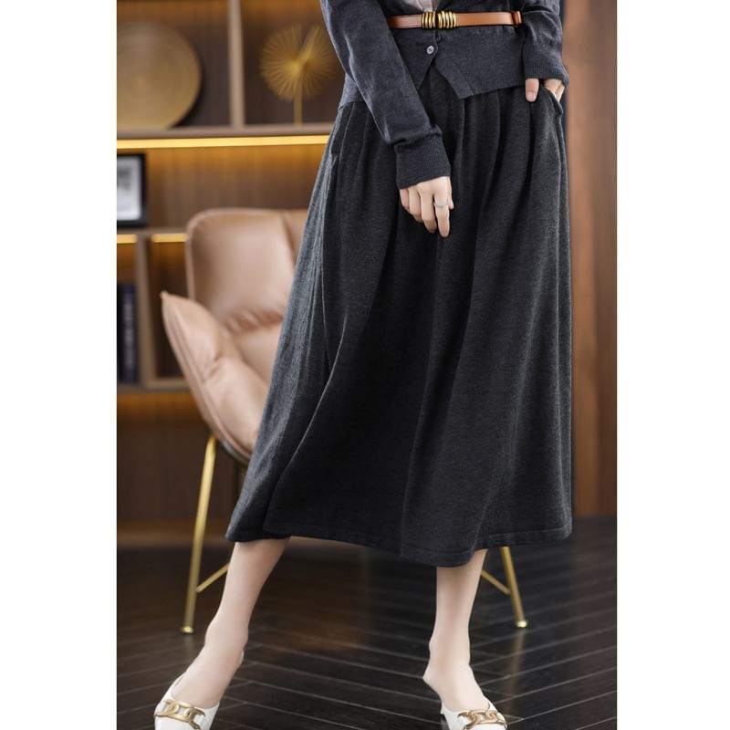 Elastic Waist Plain Midi A-Line Skirt