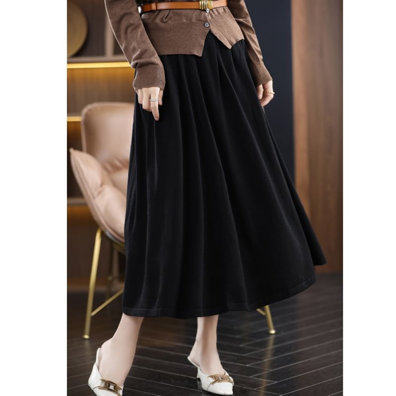Elastic Waist Plain Midi A-Line Skirt