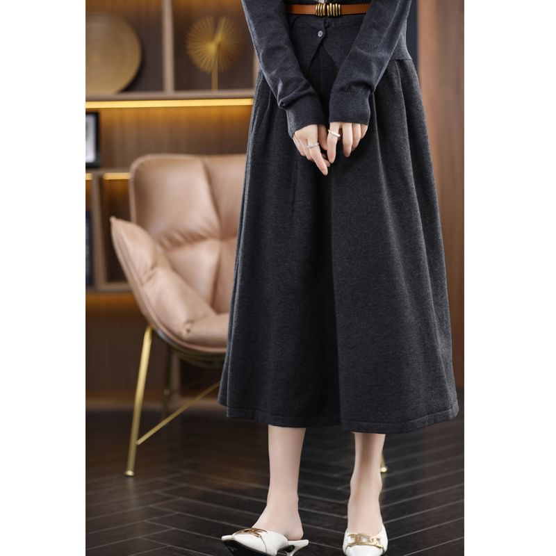 Elastic Waist Plain Midi A-Line Skirt