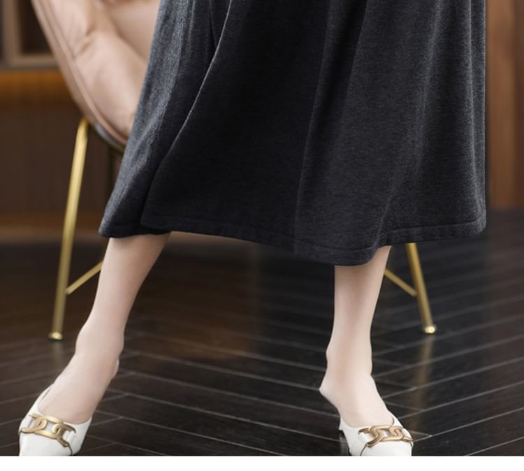 Elastic Waist Plain Midi A-Line Skirt