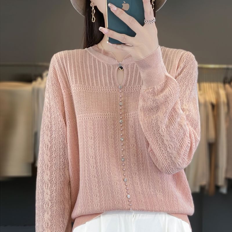 Long Sleeve Frill Collar Plain Beaded Keyhole Knit Top