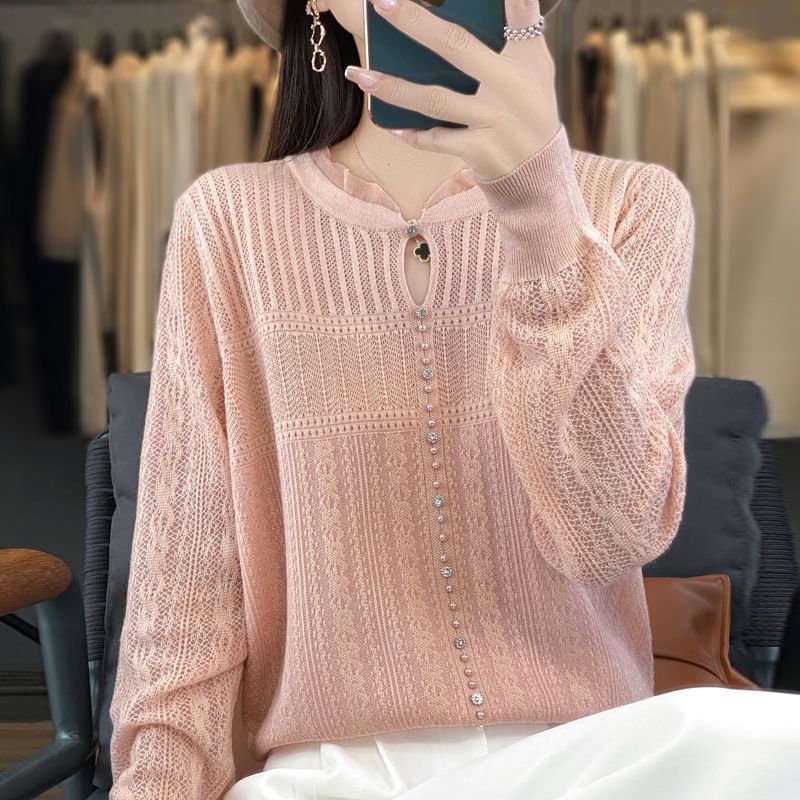 Long Sleeve Frill Collar Plain Beaded Keyhole Knit Top