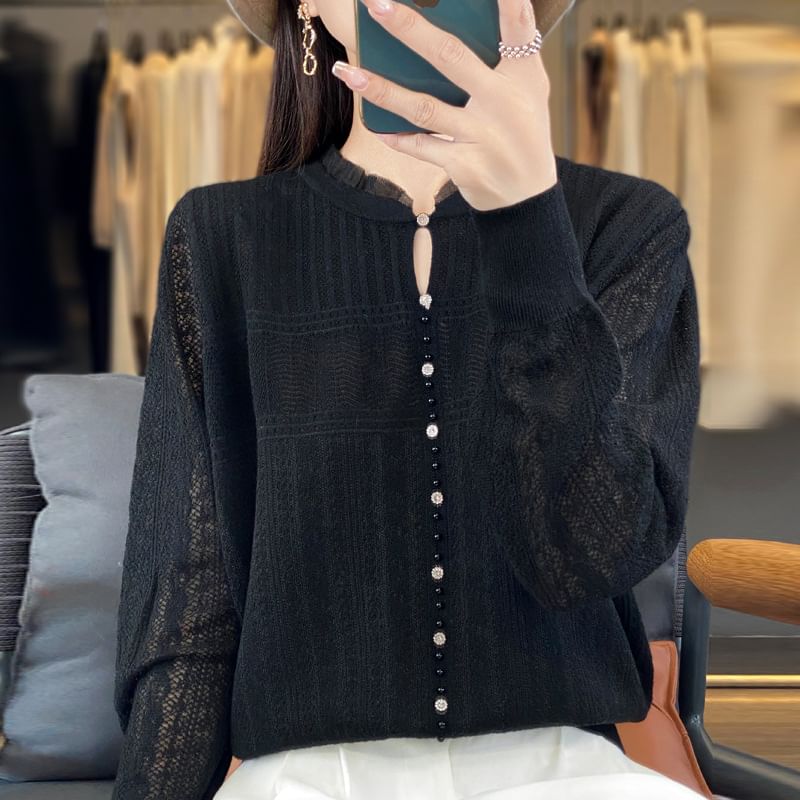 Long Sleeve Frill Collar Plain Beaded Keyhole Knit Top