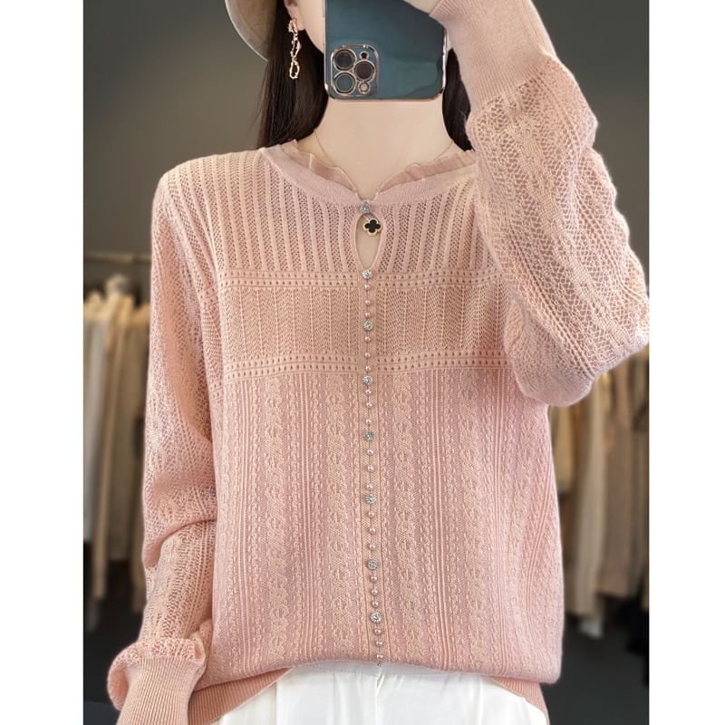 Long Sleeve Frill Collar Plain Beaded Keyhole Knit Top