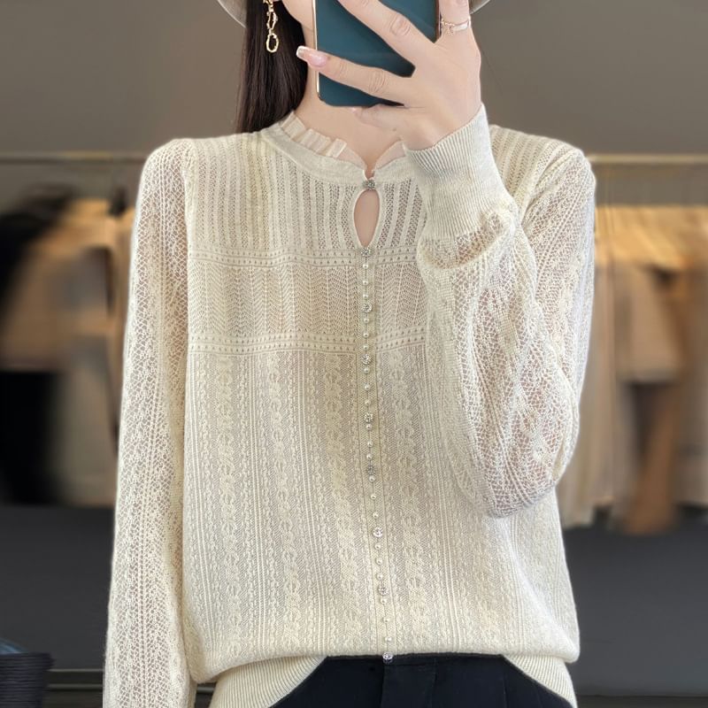 Long Sleeve Frill Collar Plain Beaded Keyhole Knit Top