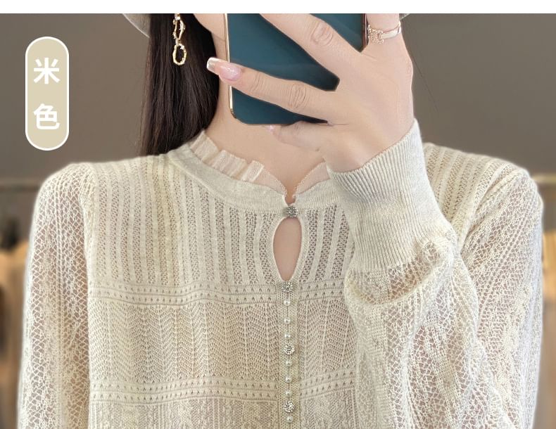 Long Sleeve Frill Collar Plain Beaded Keyhole Knit Top