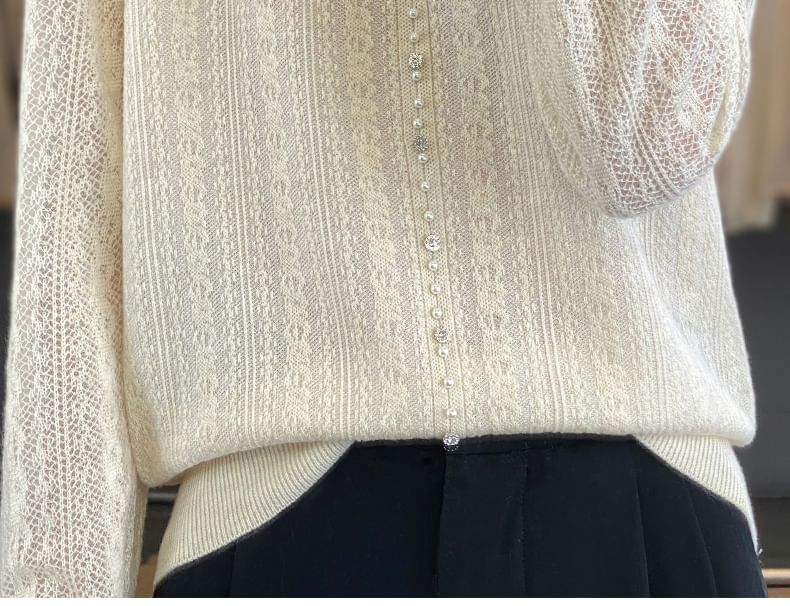 Long Sleeve Frill Collar Plain Beaded Keyhole Knit Top