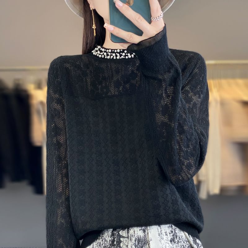 Long Sleeve Mock Neck Plain Beaded Knit Top