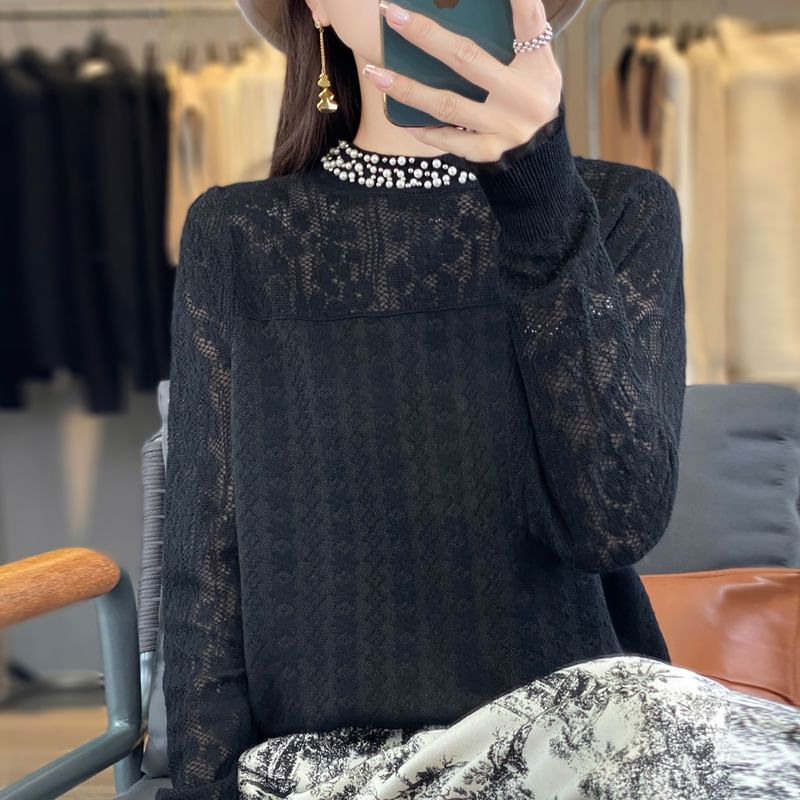 Long Sleeve Mock Neck Plain Beaded Knit Top