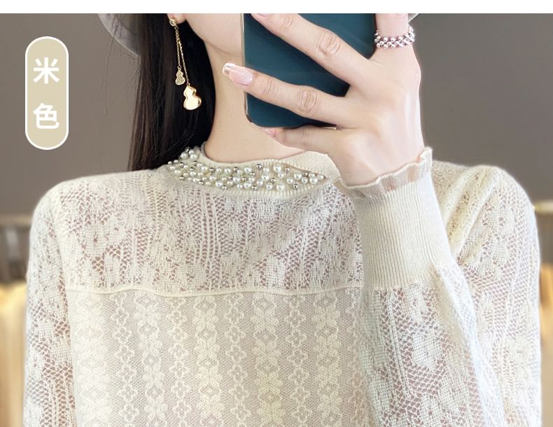 Long Sleeve Mock Neck Plain Beaded Knit Top