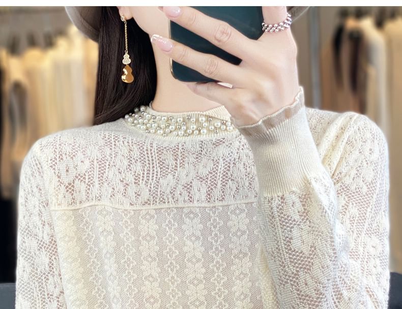 Long Sleeve Mock Neck Plain Beaded Knit Top