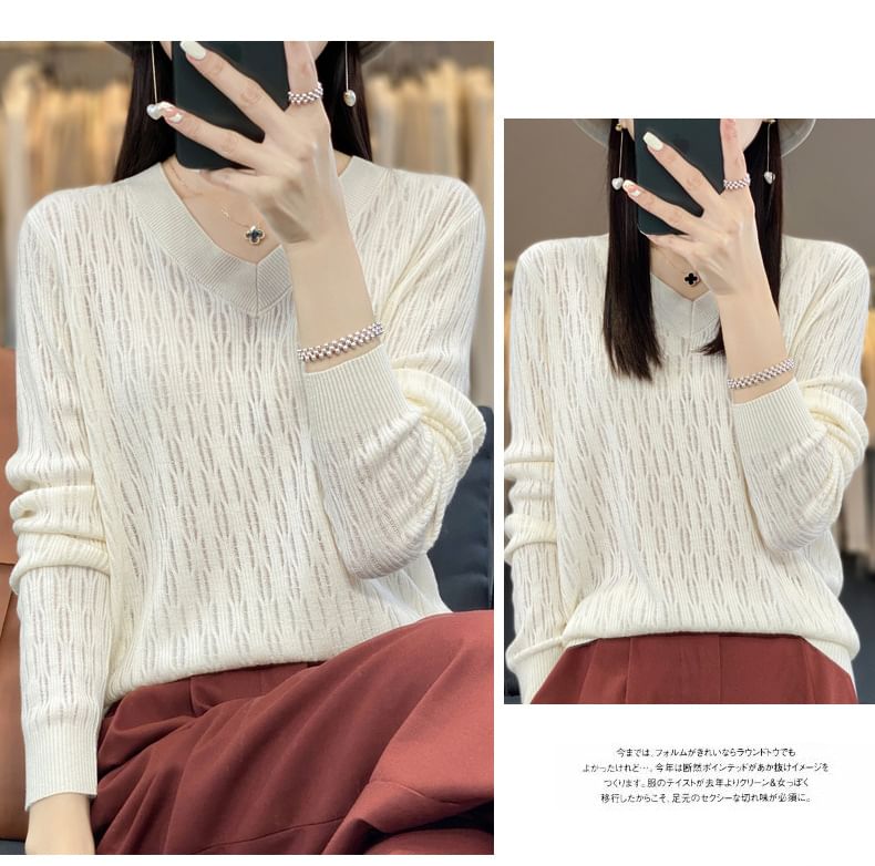 Long Sleeve V-Neck Plain Knit Top