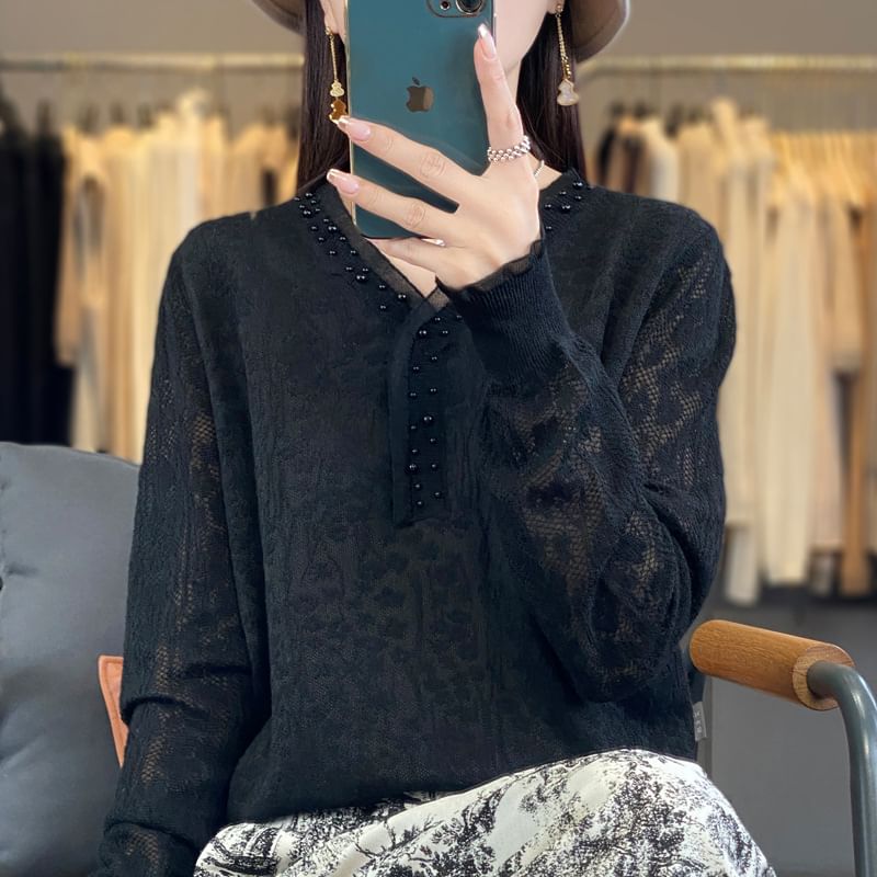 Long Sleeve V-Neck Plain Frill Beaded Knit Top