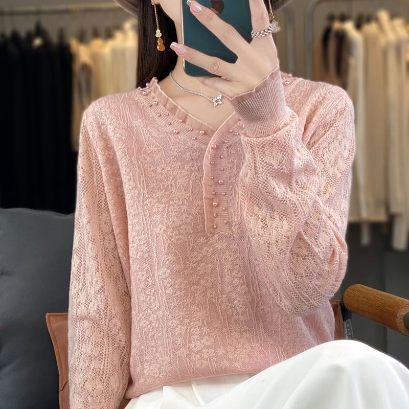 Long Sleeve V-Neck Plain Frill Beaded Knit Top