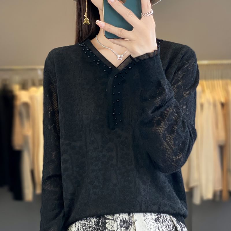 Long Sleeve V-Neck Plain Frill Beaded Knit Top