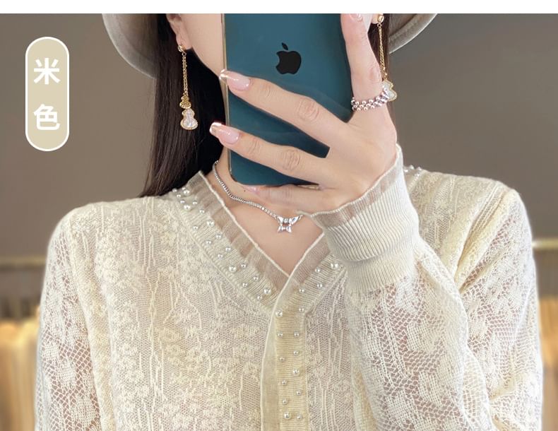 Long Sleeve V-Neck Plain Frill Beaded Knit Top