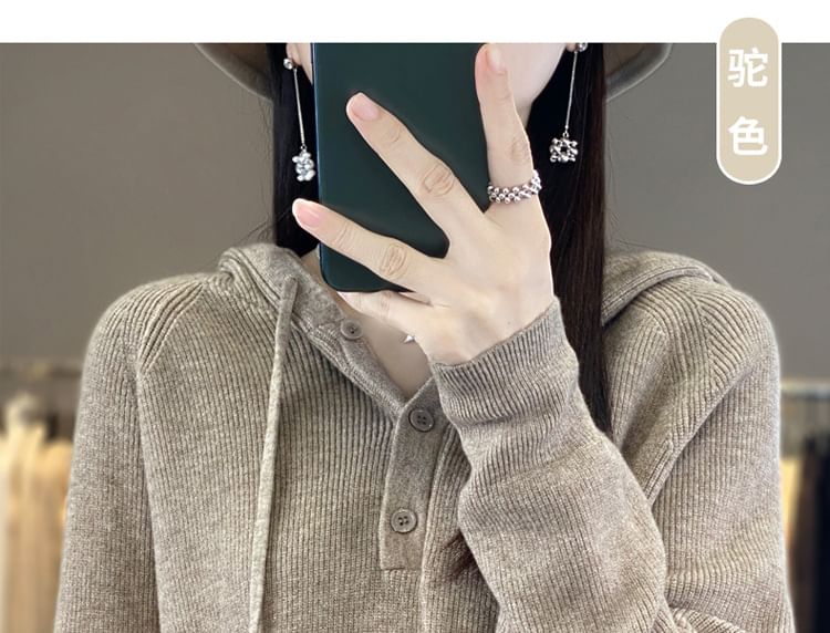 Henley Plain Hood Ribbed Sweater