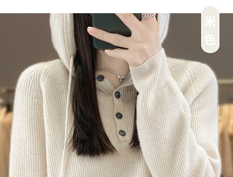 Henley Plain Hood Ribbed Sweater