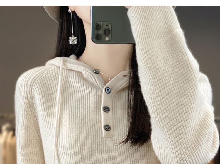 Henley Plain Hood Ribbed Sweater