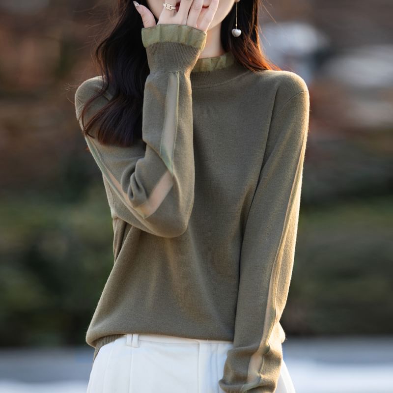 Long Sleeve Mock Neck Plain Frill Knit Top