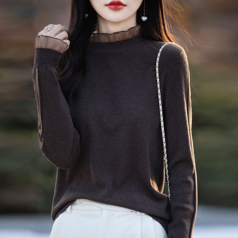 Long Sleeve Mock Neck Plain Frill Knit Top