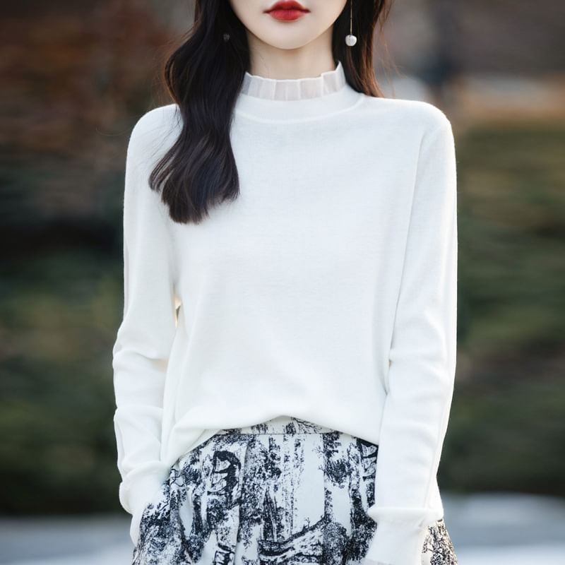 Long Sleeve Mock Neck Plain Frill Knit Top