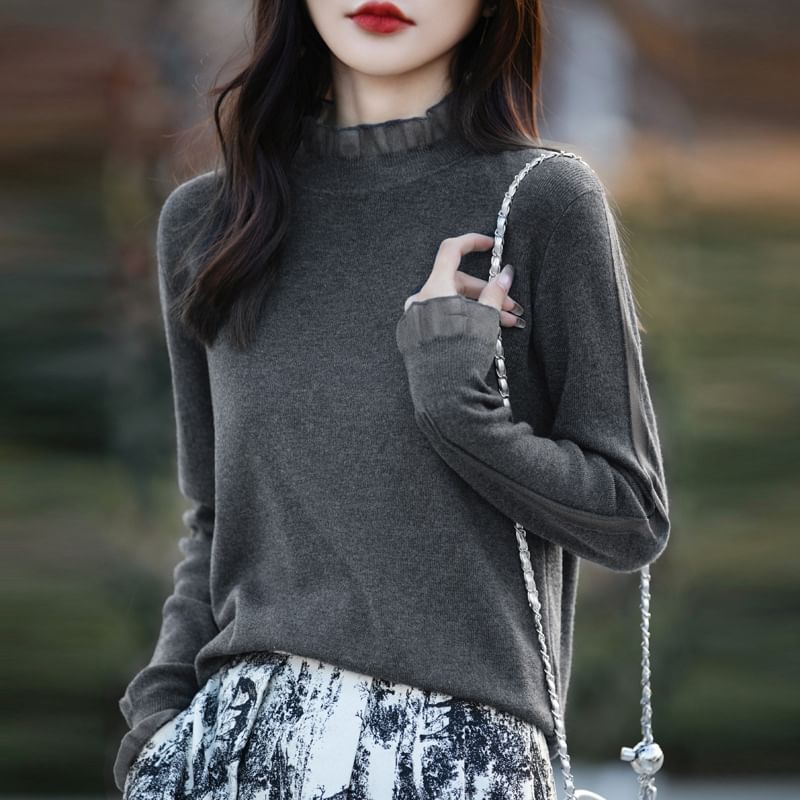 Long Sleeve Mock Neck Plain Frill Knit Top