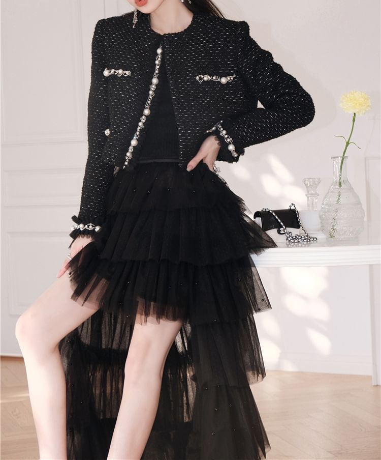 Patterned Fluffy Trim Faux Pearl Jacket