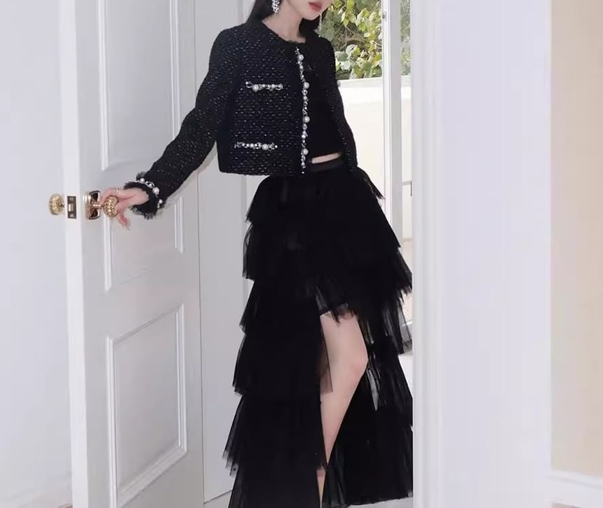 Patterned Fluffy Trim Faux Pearl Jacket